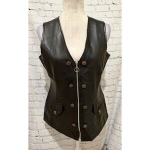 Neutral Zone Vintage Black Faux Leather Zipper Button Accent Vest Medium
